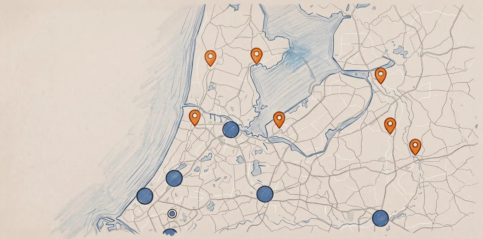 Getekende kaart van Noord- en Zuid-Holland met oranje en blauwe markeringen op de plekken van stripwinkels