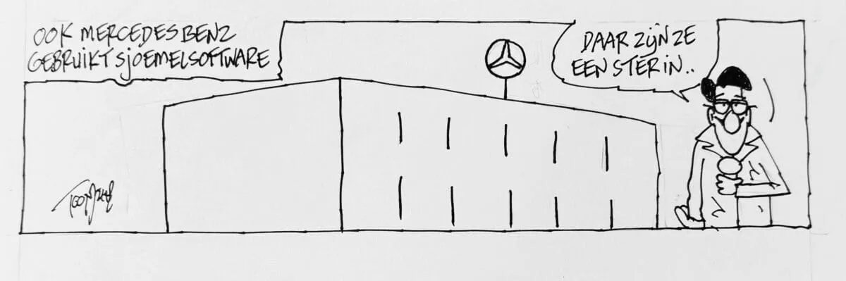 Krantenstrook van Toon van Driel over “sjoemelsoftware” die eerst bij Volkswagen werd ontdekt en later ook bij Mercedes Benz. Foto van krantenstrook van Toon van Driel